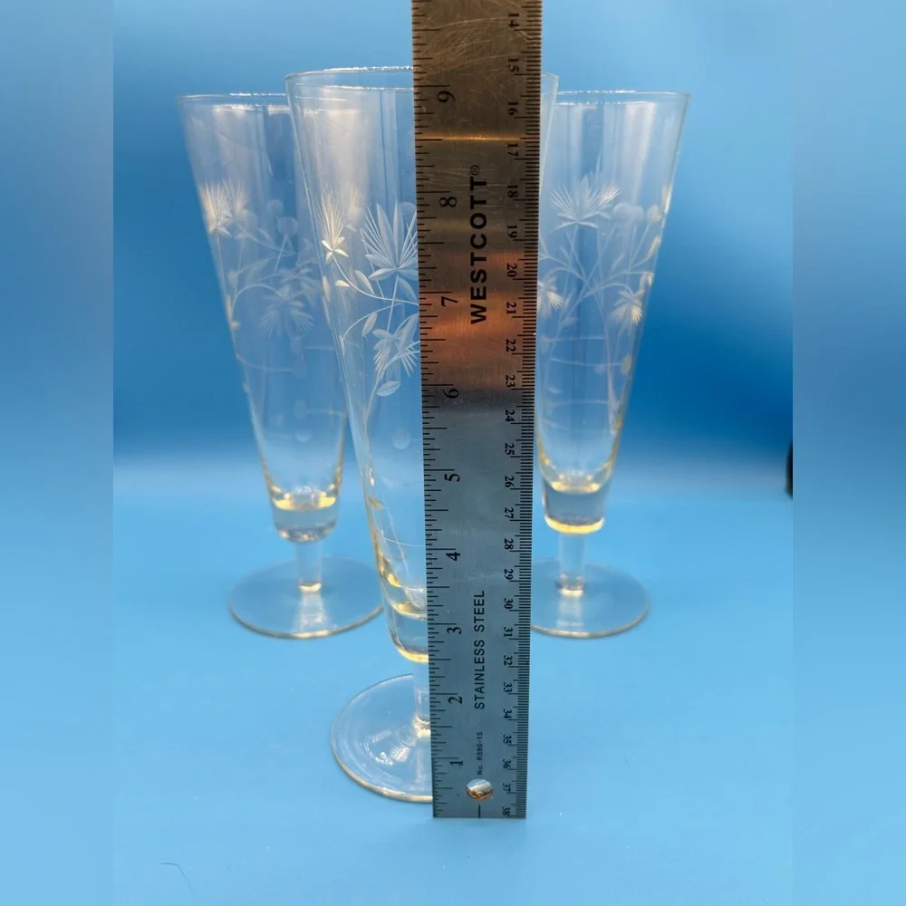 3 Vintage Etched Arcadia Glass Pilsner Glasses Floral w/Berries Barware Cocktail